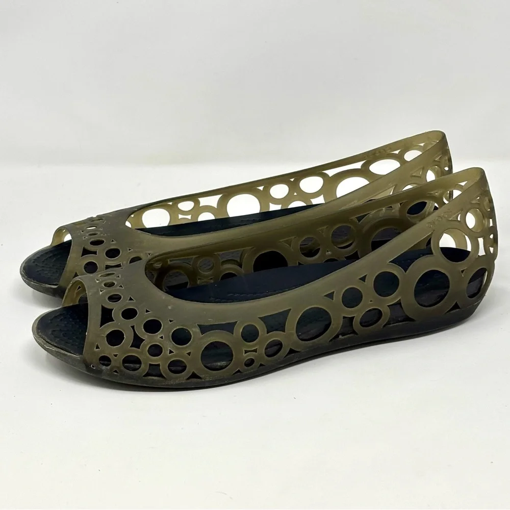 Crocs Adrina Jelly Peep Toe Slip On Ballet Flat Shoes Womens Size 11 Army Green